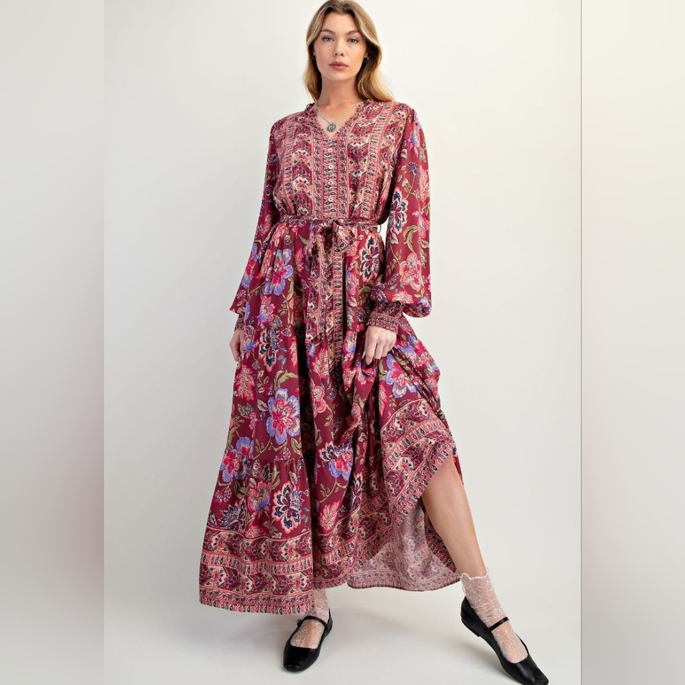 EASEL PRINTED RAYON CHALLIS TIE WAISTED MAXI DRESS
